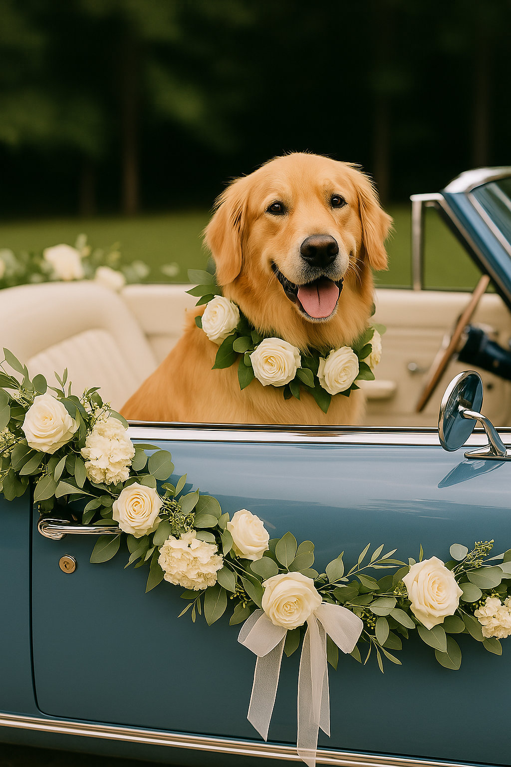 Dog in car Dog riding safely in a car for wedding transportation