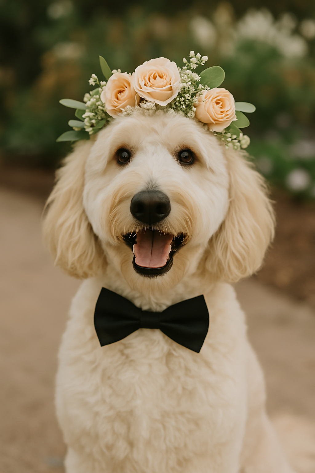 Dog with flower crown Dog wearing a flower crown for a wedding
