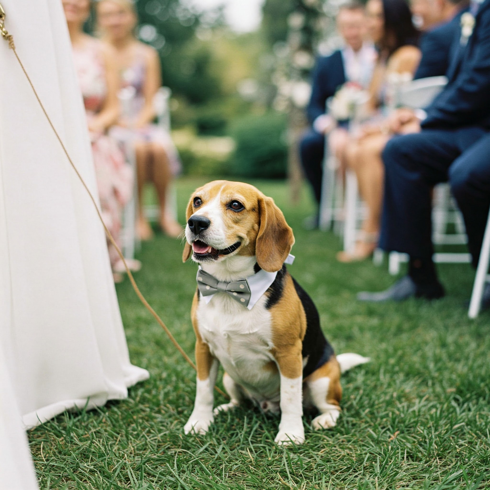 Gemini_Generated_Image_gi7hs1gi7hs1gi7h Beagle wearing a bow tie at an outdoor wedding ceremony