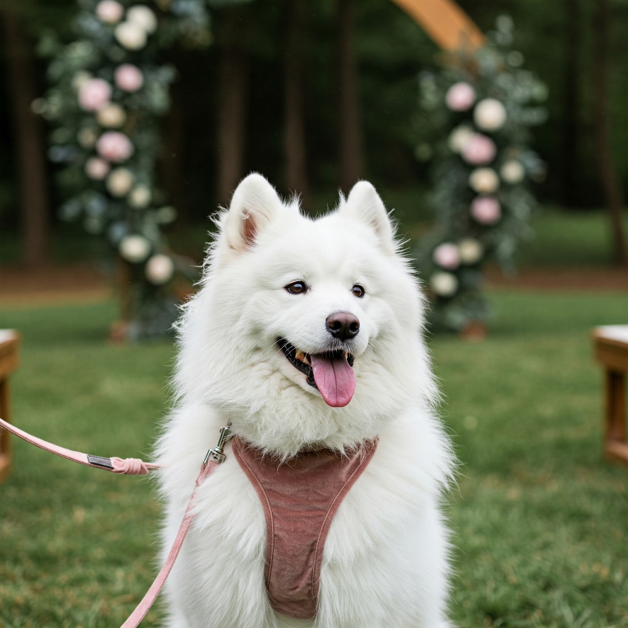 Gemini_Generated_Image_phk76rphk76rphk7 White dog in a pink harness at an outdoor wedding venue