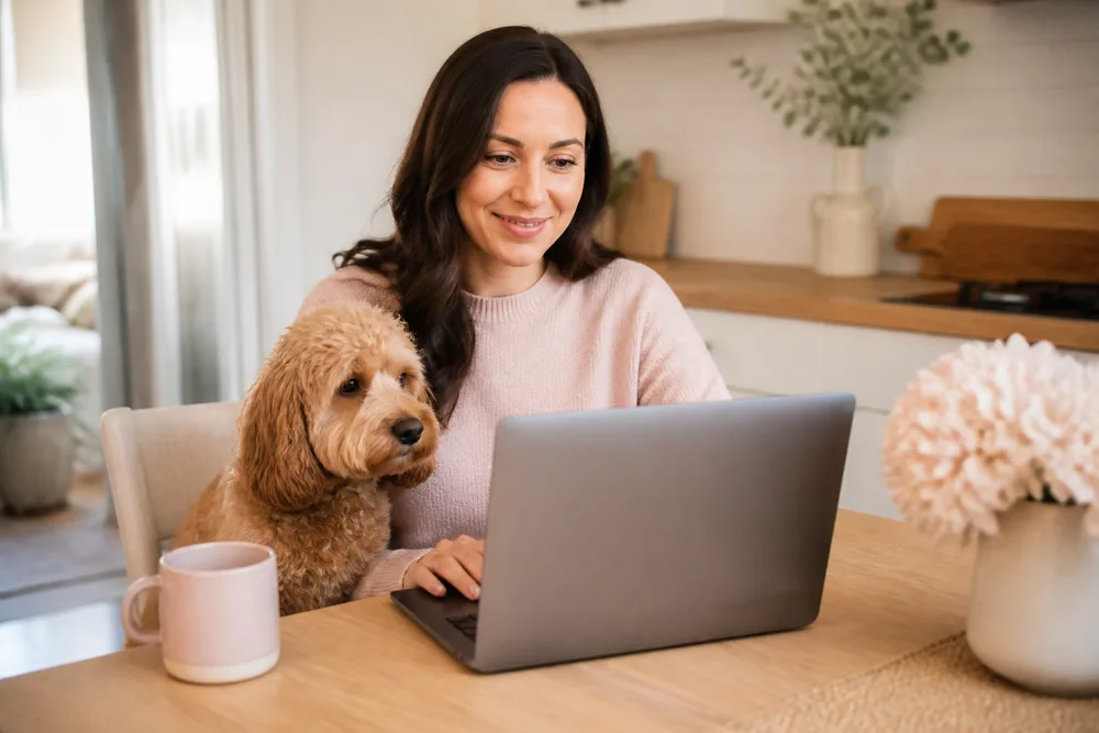 Dog owner and cockapoo sitting together at a laptop