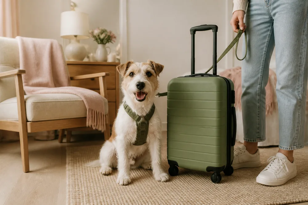 Terrier in a harness beside a suitcase in a guest room