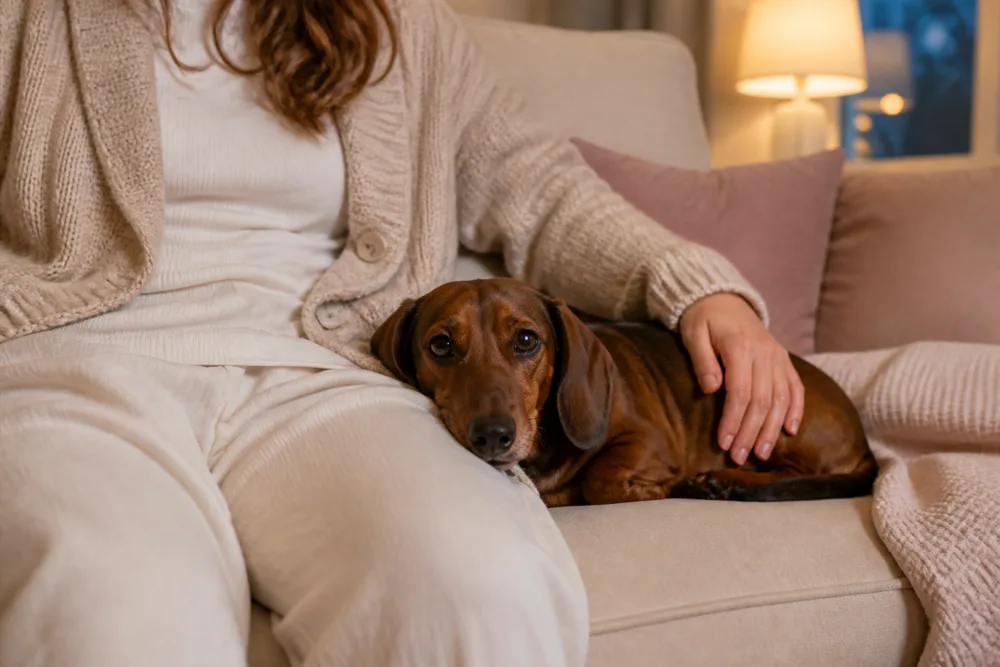 Dachshund resting beside a caregiver on a sofa in the evening