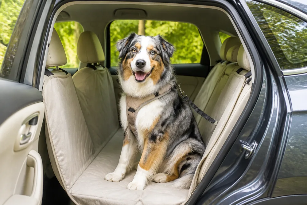 Australian shepherd wearing a travel harness on the back seat of a parked car