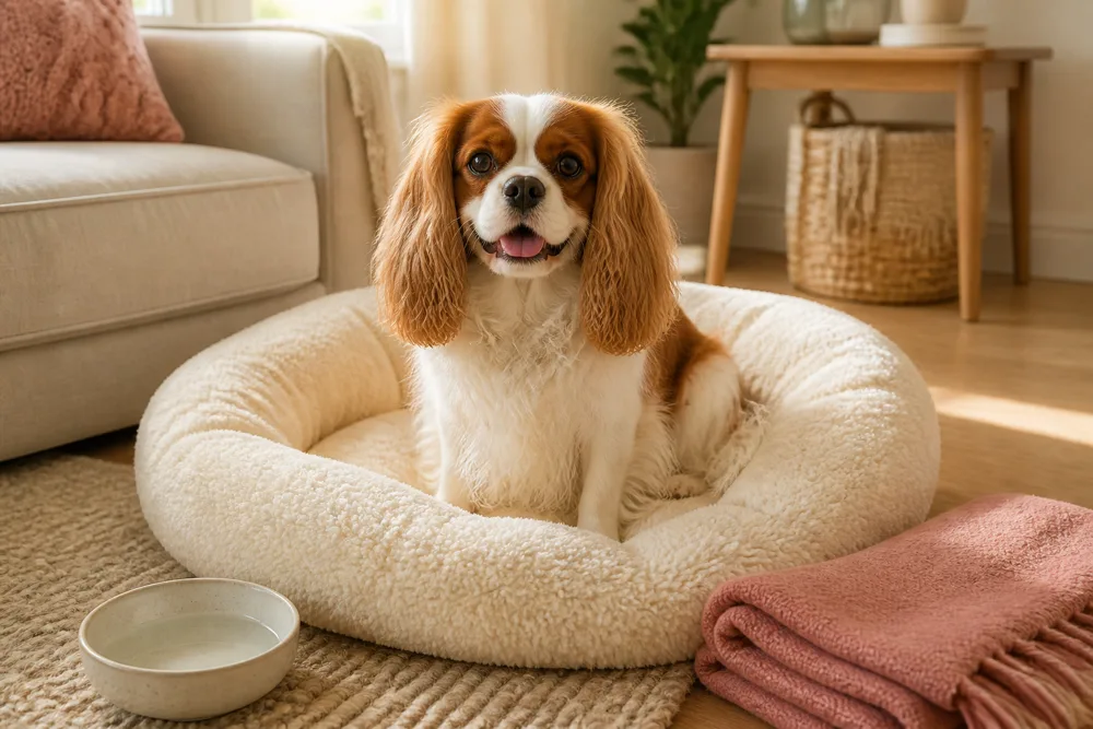 Cavalier spaniel relaxing in a plush dog bed in a home