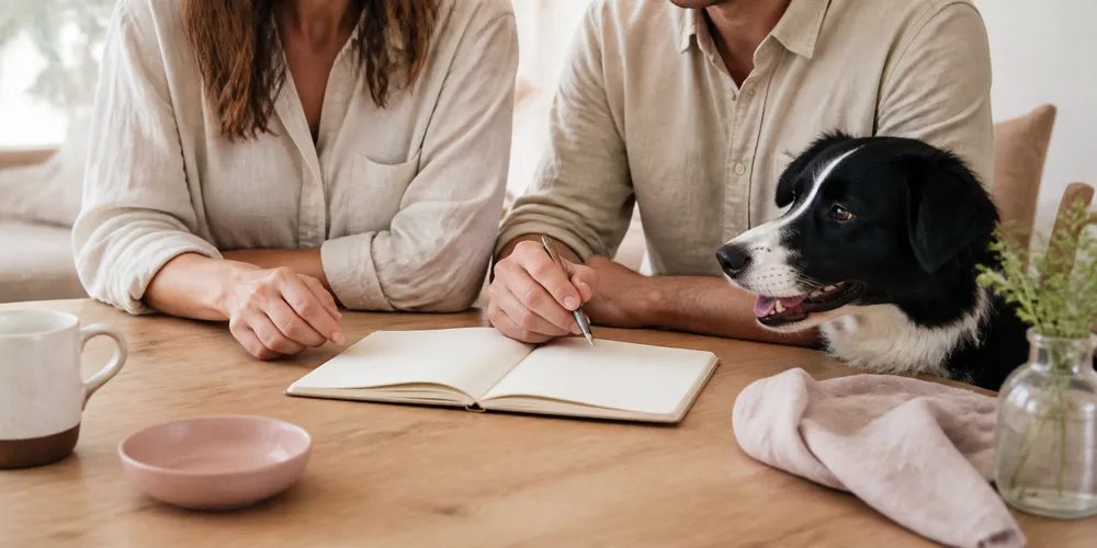Two people discussing a notebook with a dog beside them