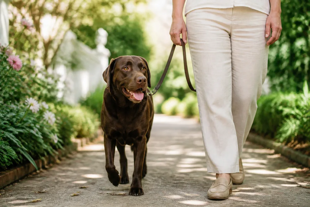 Chocolate Labrador enjoying a relaxed on-leash walk with a caregiver