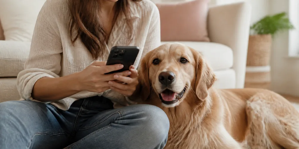 Pet owner using a phone beside a relaxed golden retriever