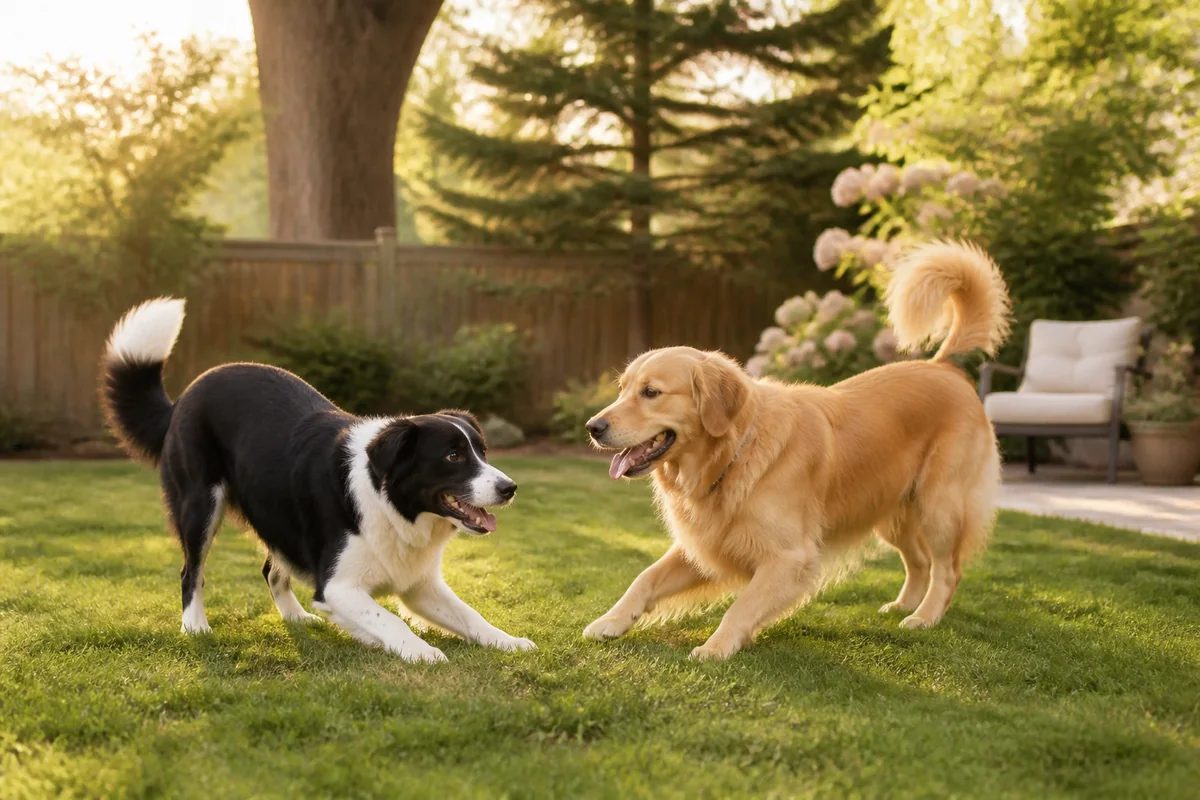 Two dogs playing together in a fenced backyard