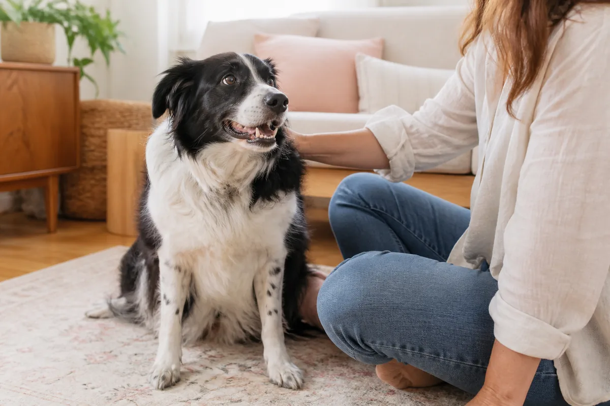 Caregiver giving a dog attention in a comfortable living room