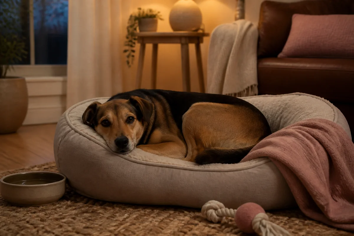 Dog resting on a cushioned bed in a cozy home