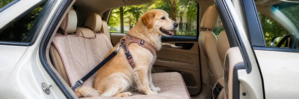 Dog wearing a travel harness on the back seat of a parked vehicle