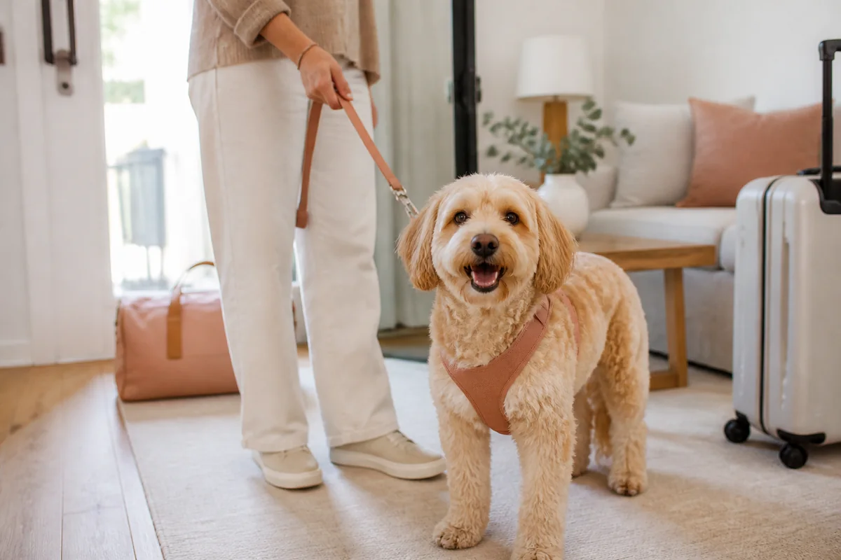 Dog with a caregiver and luggage in a comfortable room