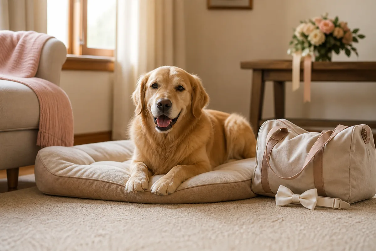 Golden retriever resting beside an overnight bag and wedding bow tie
