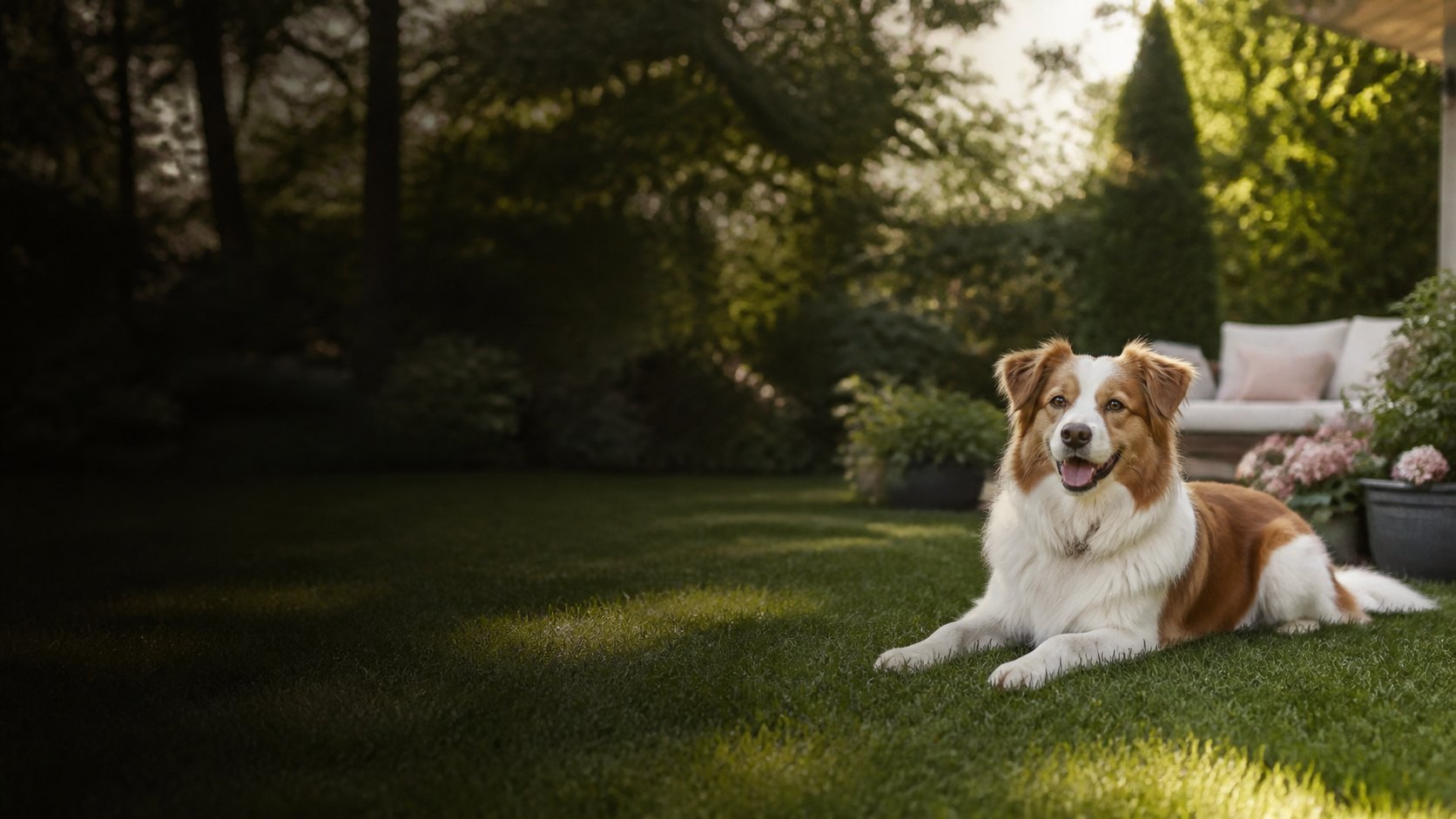 Dog relaxing in a private Grand Rapids residential backyard