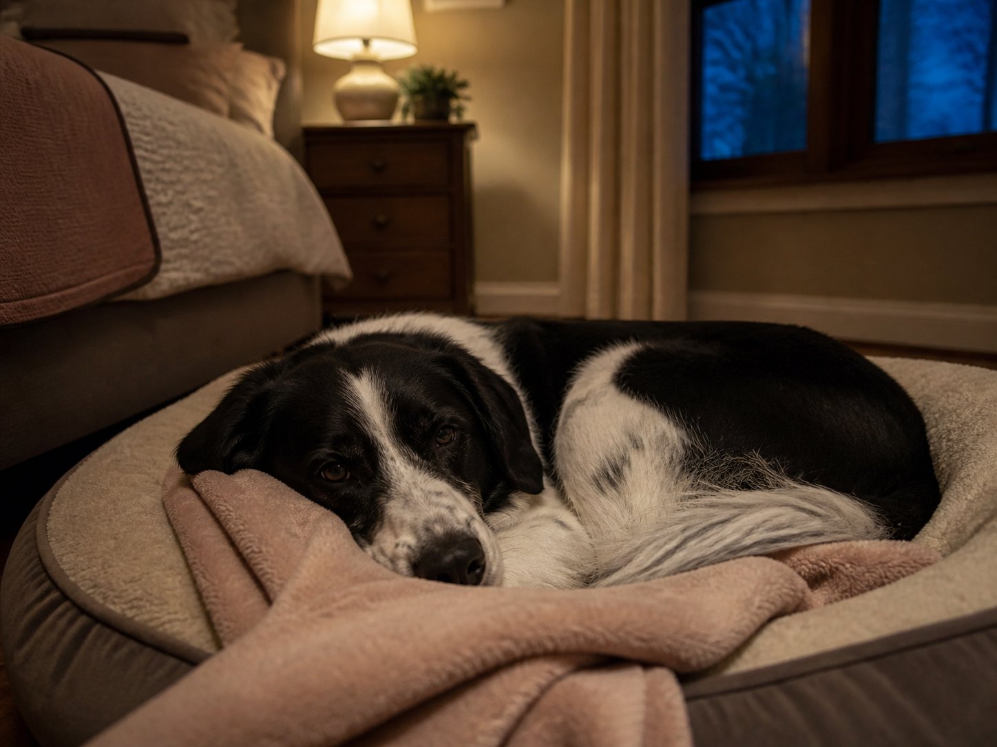 Dog resting comfortably during overnight pet care