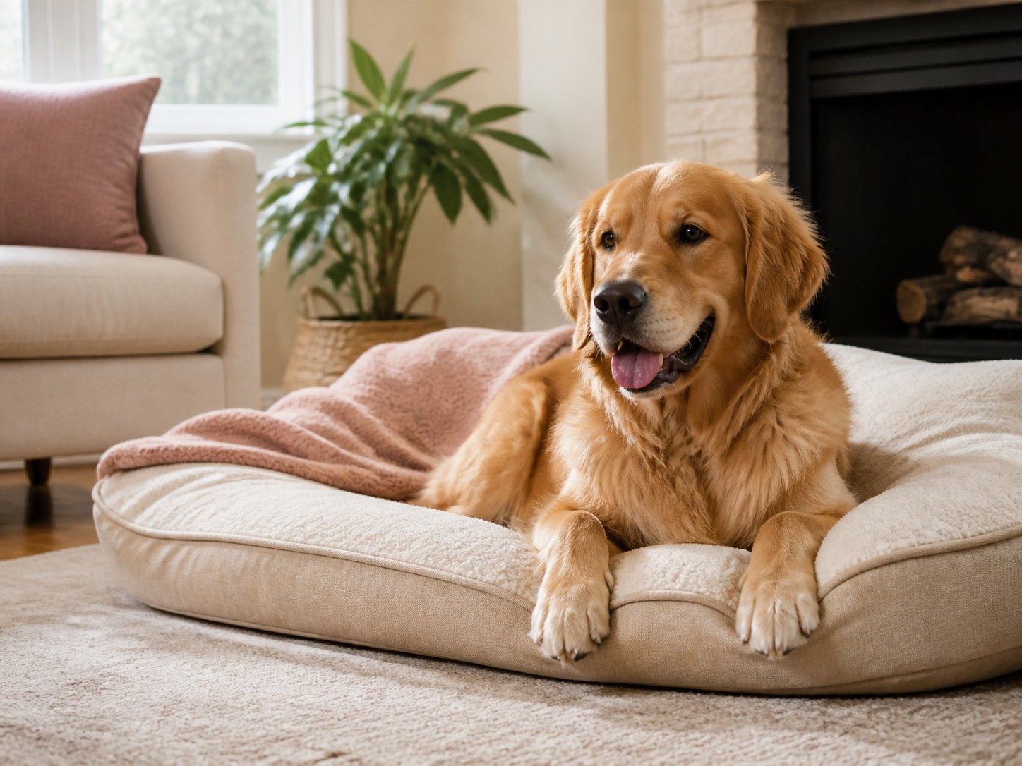 Dog relaxing comfortably during private home boarding in Grand Rapids